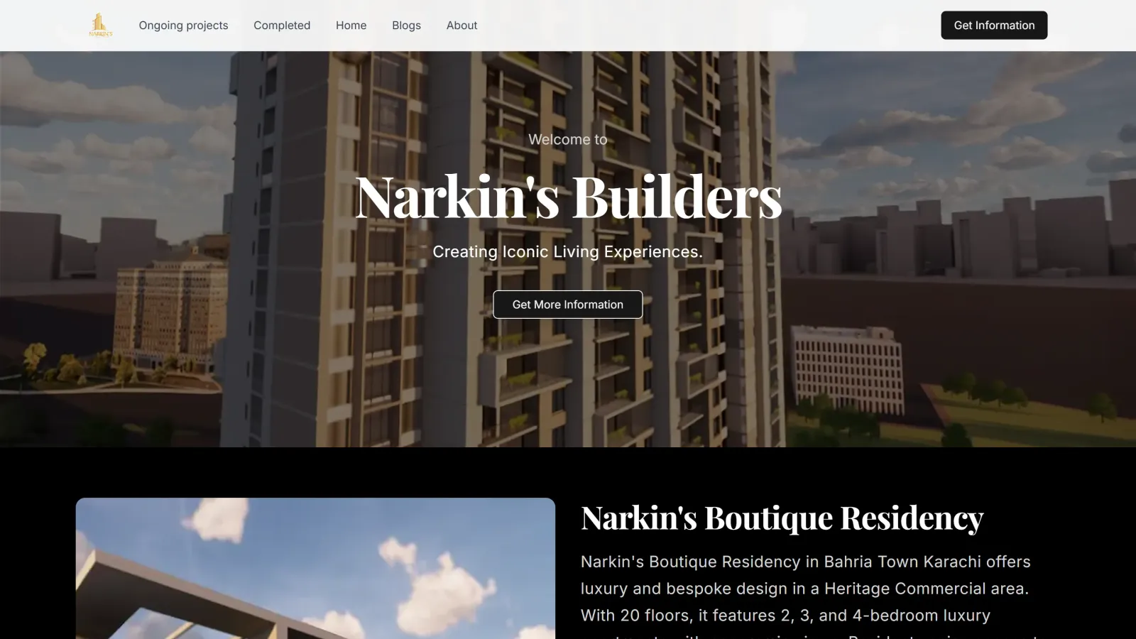 Narkin's Builders home page on desktop