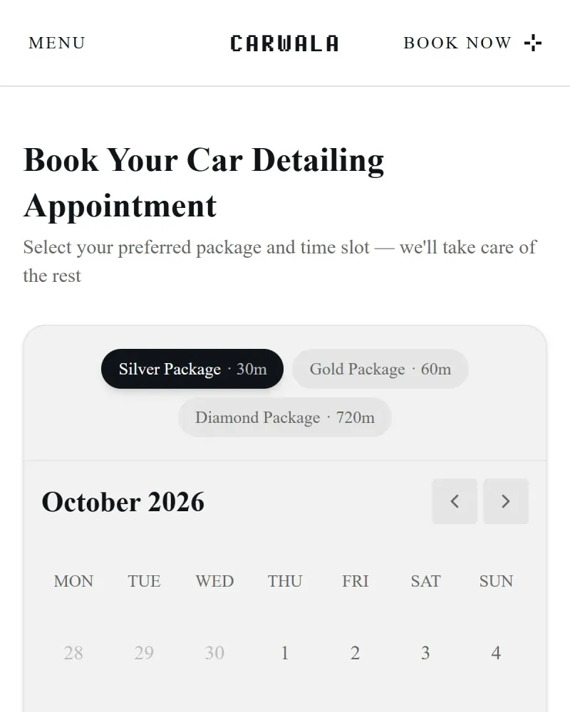 Carwala calendar page on mobile