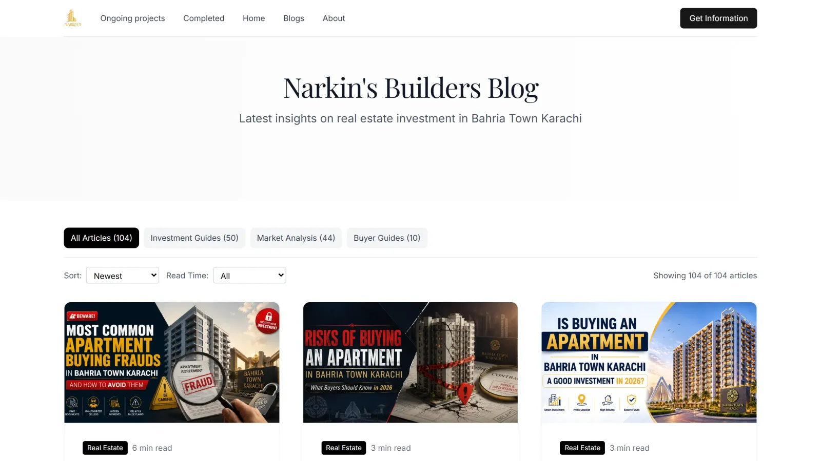 Narkin's Builders blog page on desktop
