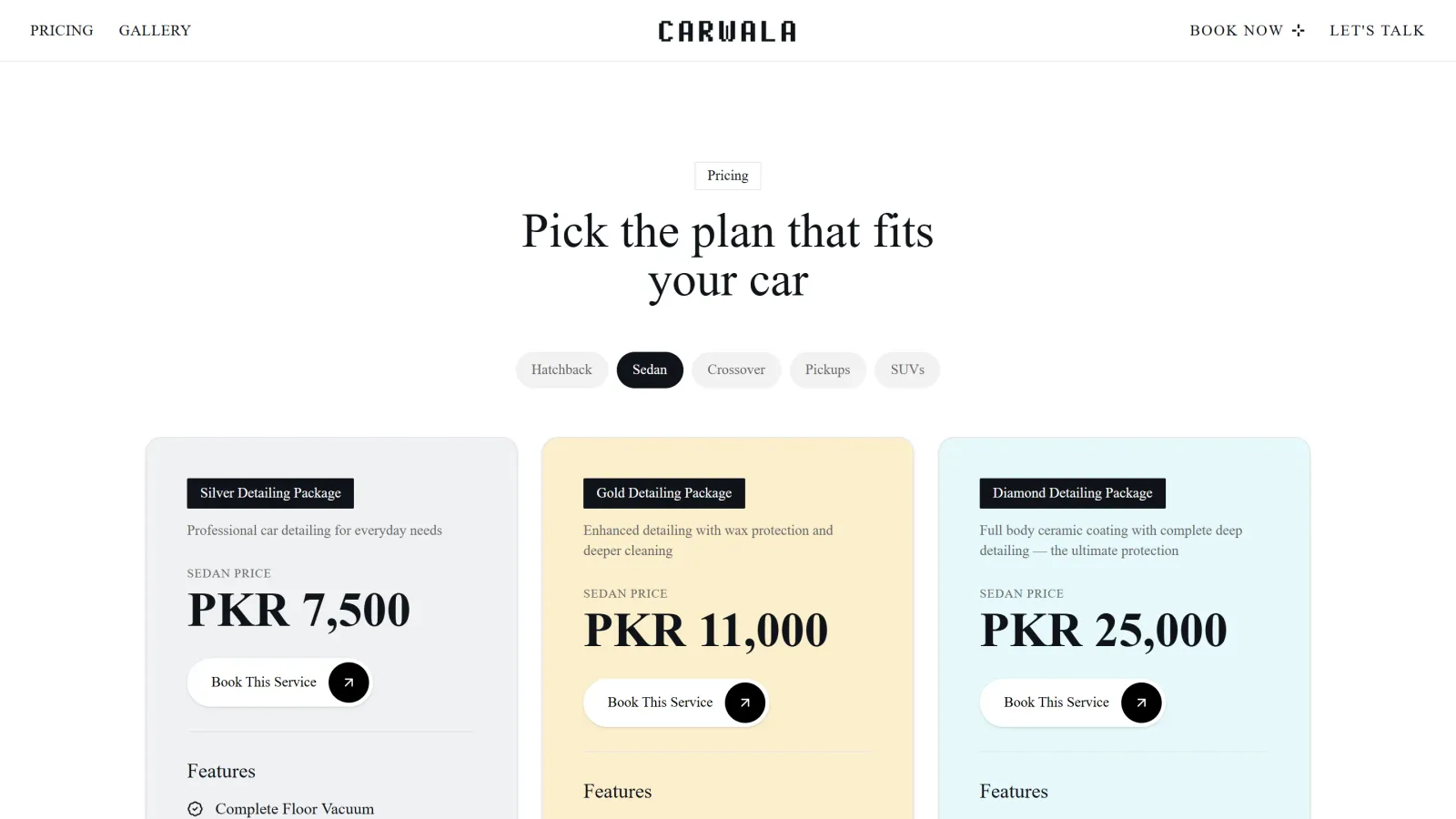 Carwala pricing page on desktop