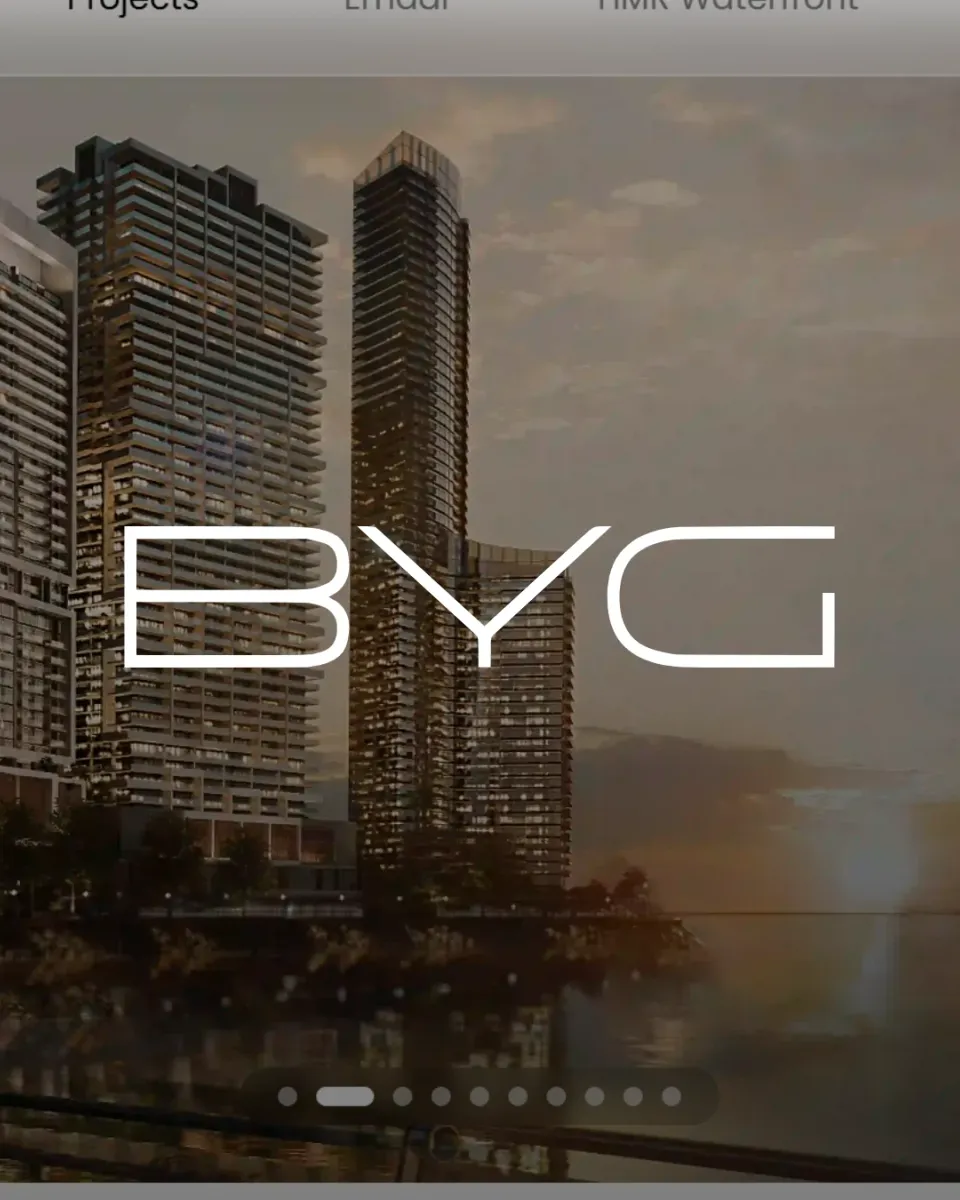 Bin Yousuf Group, the BYG wordmark over a waterfront tower development
