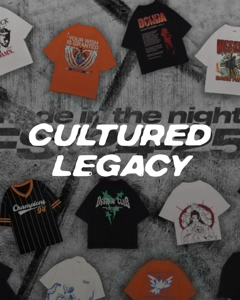 Cultured Legacy, the wordmark over a spread of printed tees