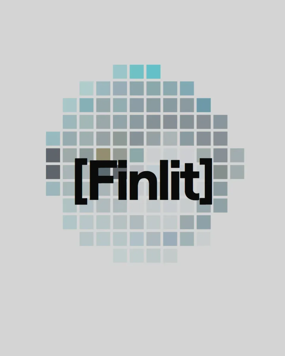 Finlit, the bracketed wordmark over the pixel circle