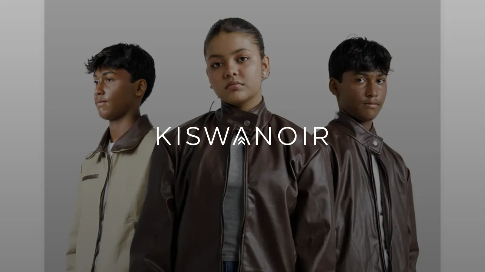Kiswa Noir, the wordmark over three models in leather jackets