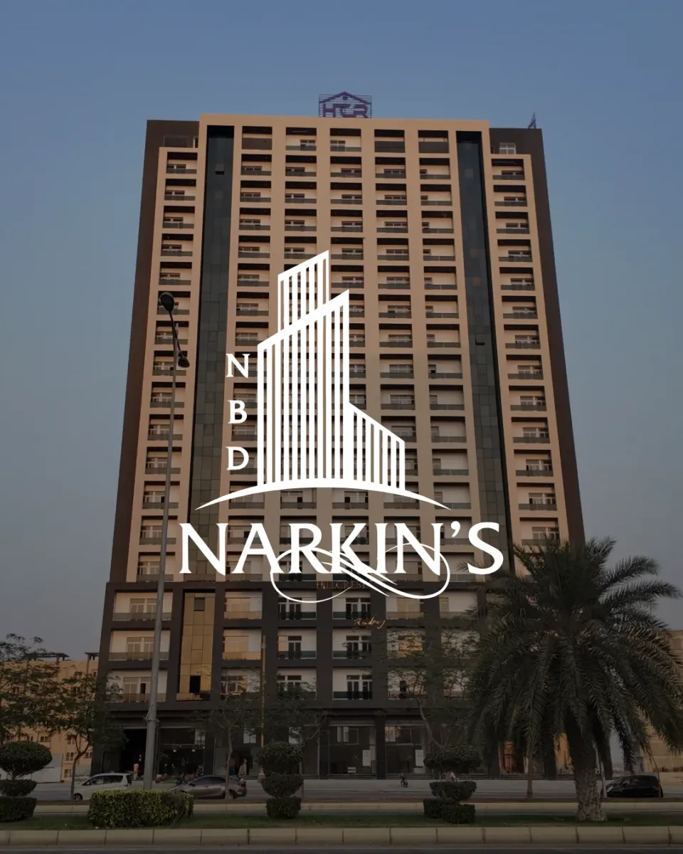 Narkin's, the logo over the residential tower