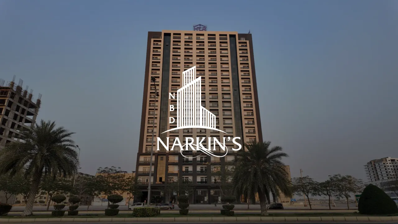 Narkin's, the logo over the residential tower
