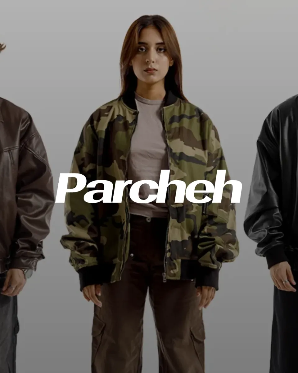 Parcheh81, the wordmark over three models in leather jackets